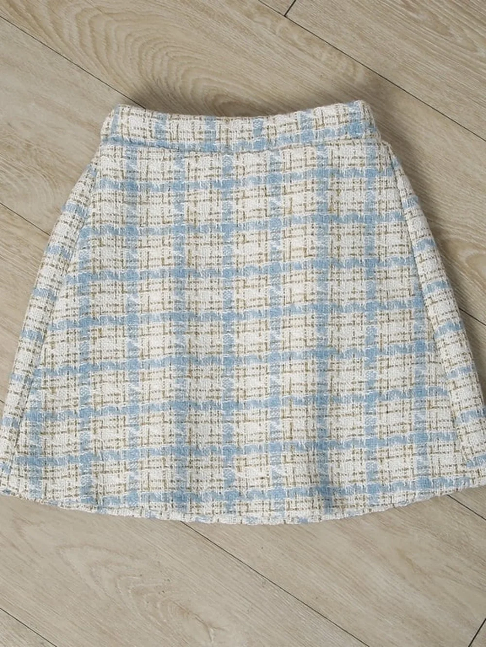 Girls' Cream & Light Blue Plaid Tweed Jacket and Skirt Set